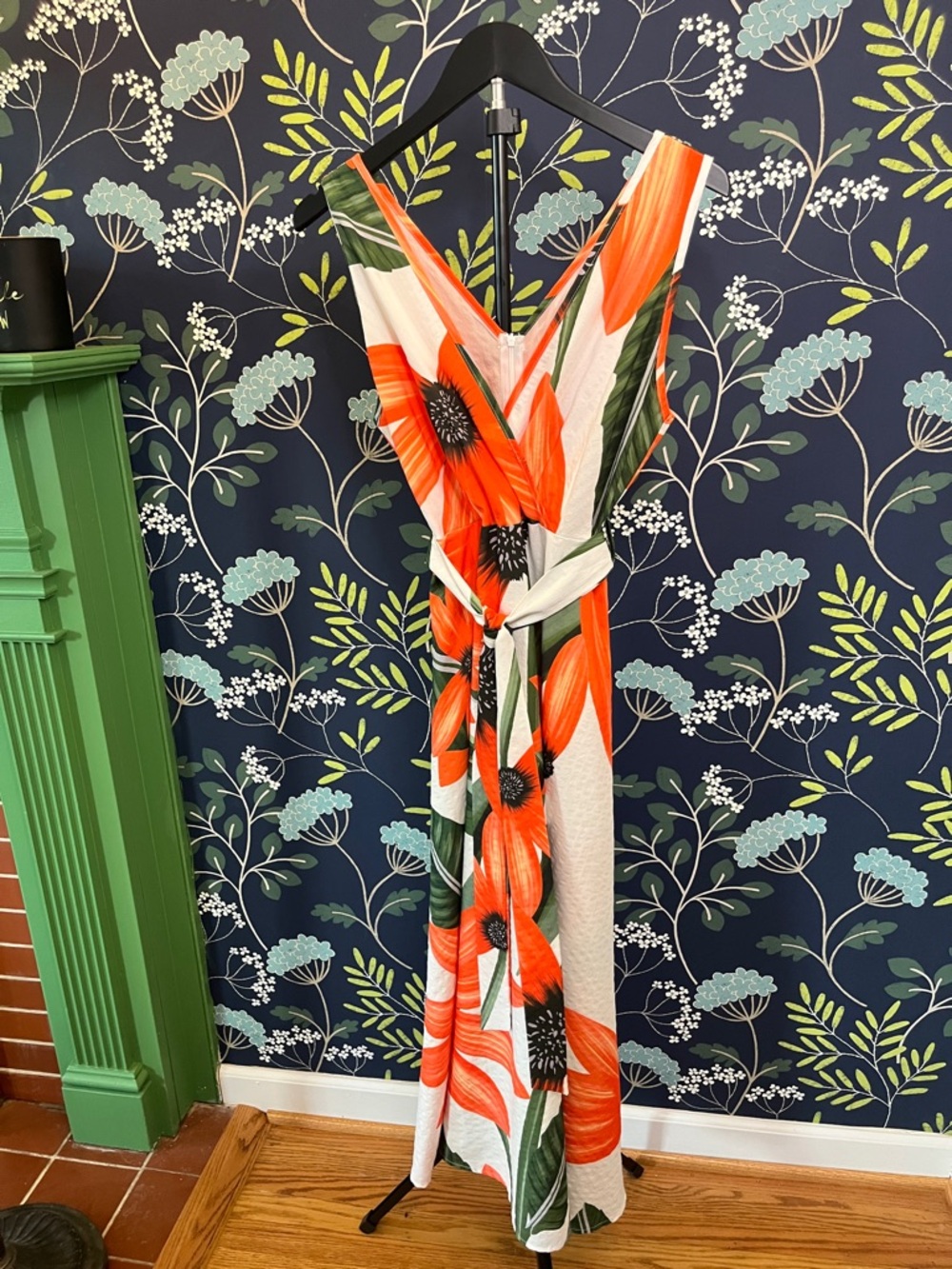 Floral Wrap Midi Dress Orange Green Tropical Print Sleeveless Tie Waist V Neck - Picture 7 of 7